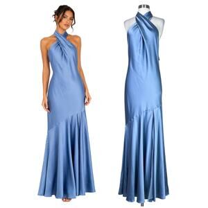 NEW Birdy Grey | Stephanie Satin Halter Dusty Blue Bridesmaid Gown Medium